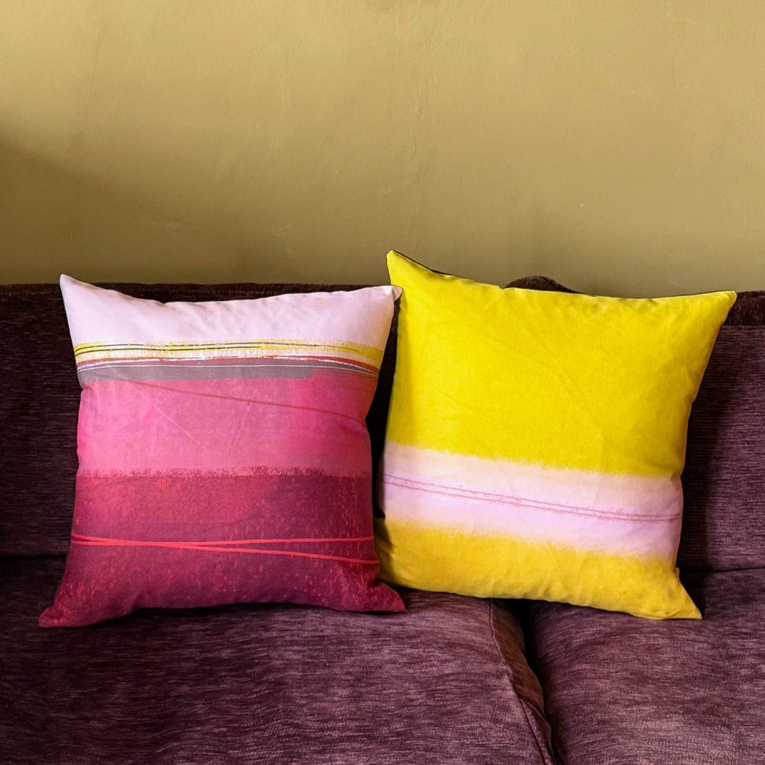 cushion - COLOURBLOCK RED and cushion - COLOURBLOCK OCHRE on plum sofa