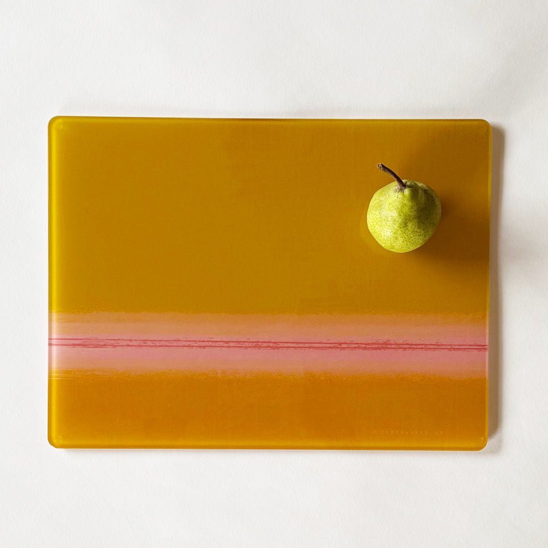 Recycled glass platter in striking abstract design shades of ochre yellow and pink