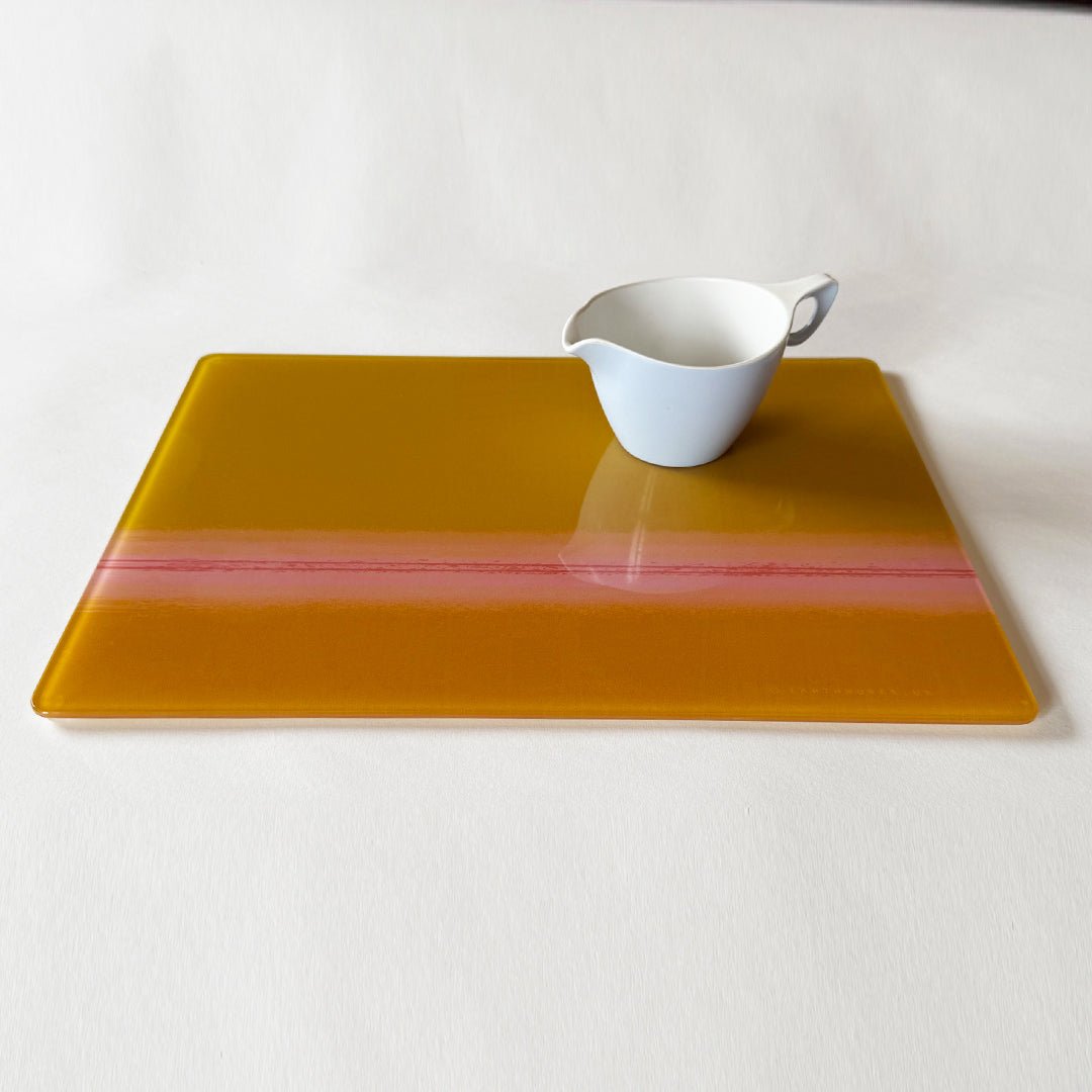 Glass platter coloured ochre yellow with pink strip 