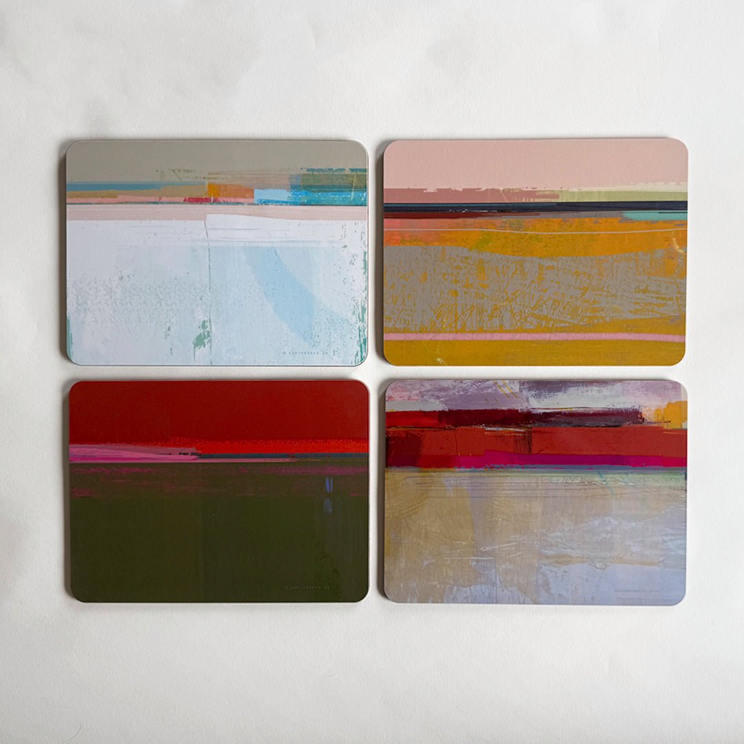 set of 4 - PLACEMATS BEACH warm earthy colours green pink coral