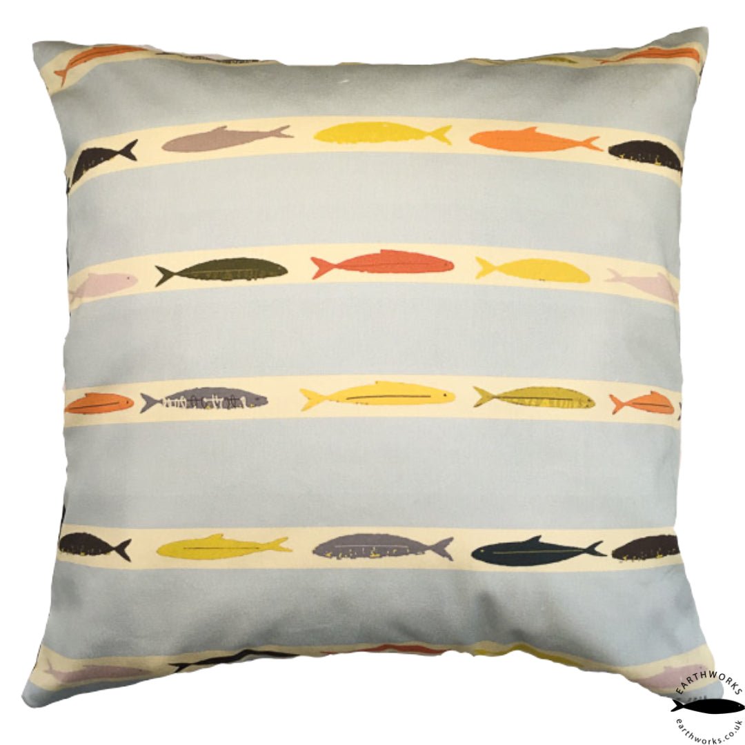 cushion - FISH decorative colourful blue cotton cushion EARTHWORKS Striped fish design