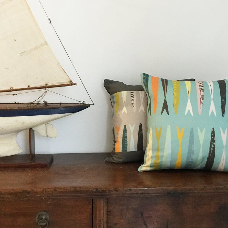 cushion - FISH TAILS BLUE colourful cotton cushion EARTHWORKS