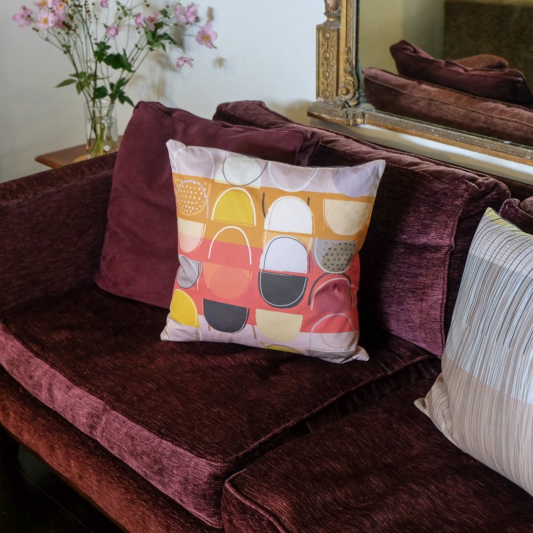 cushion - LOBSTER POTS BAND decorative abstract design reds and orange mid-century 45cm 60cm home decor sofa throw pillowEARTHWORKS