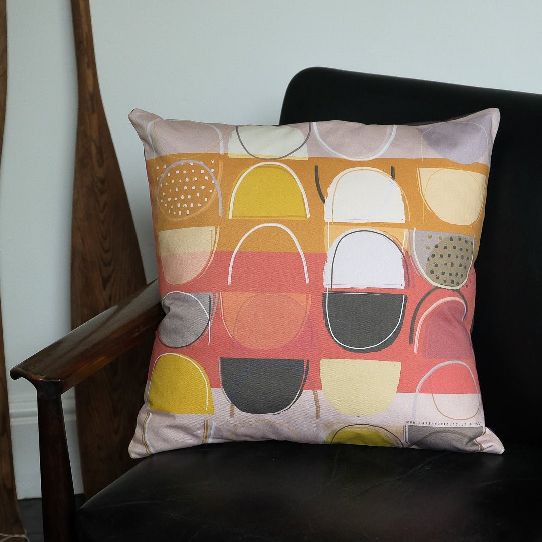 cushion - LOBSTER POTS BAND decorative colourful abstract design reds and orange mid-century cotton 45cm 60cm home decor sofa throw pillow EARTHWORKS