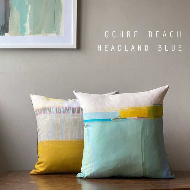 cushion - OCHRE BEACH decorative abstract ochre yellow and blue coastal design home decor interior inspiration 45cm 60cm cotton EARTHWORKS